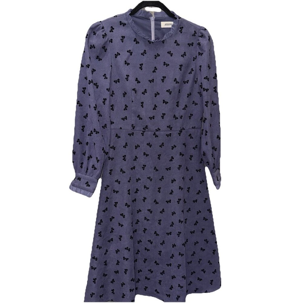 Jessyline Butterfly Corduroy Dress SMALL Long Sleeve Cottage Core Blue
